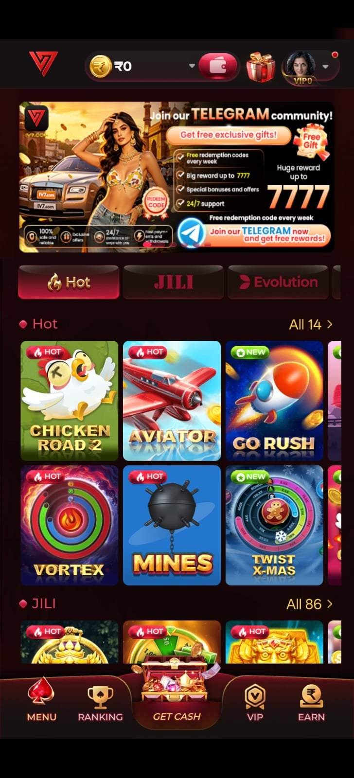 IV7 Game APK homepage showing gaming features, secure login, and mobile-friendly interface.